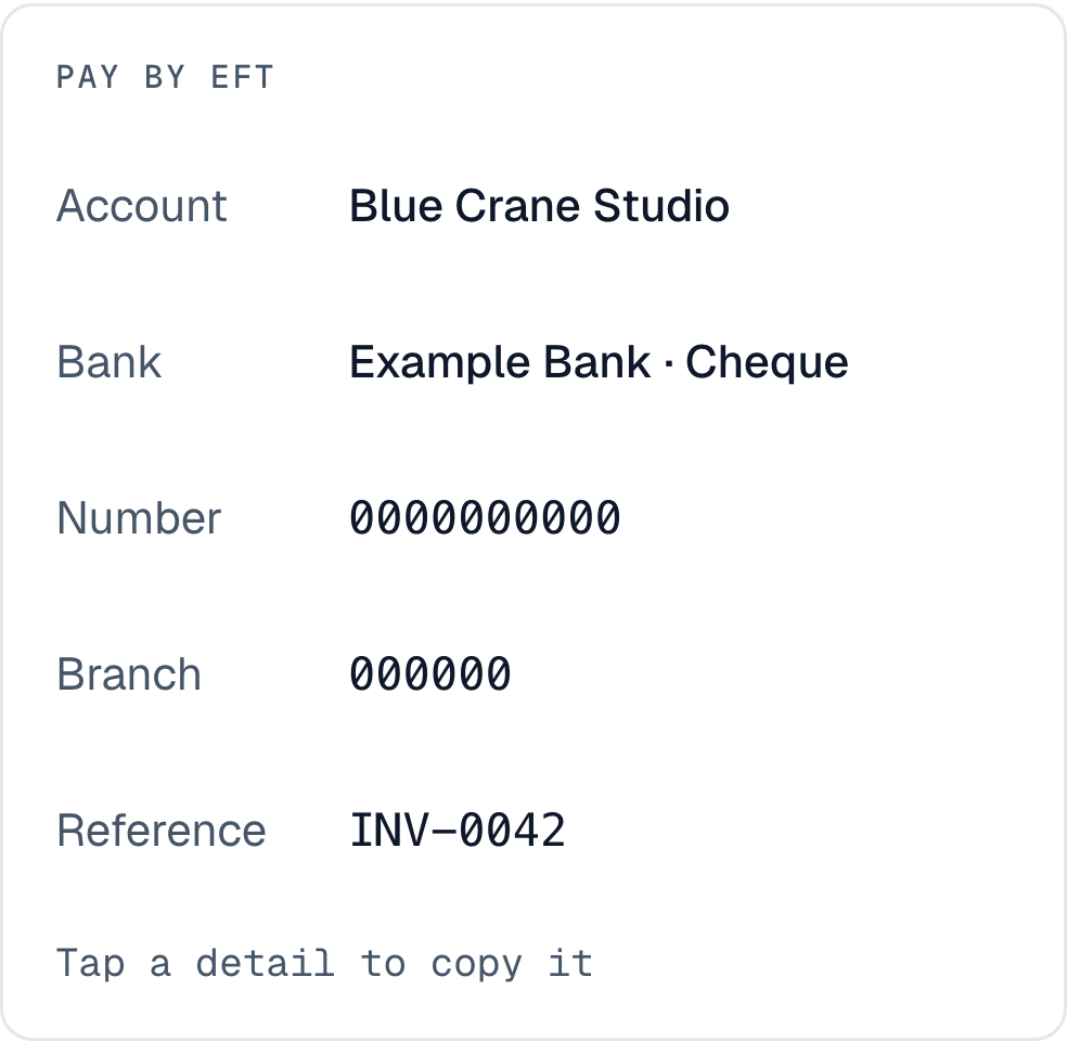 EFT account details shown beside their labels, with tap-to-copy values.